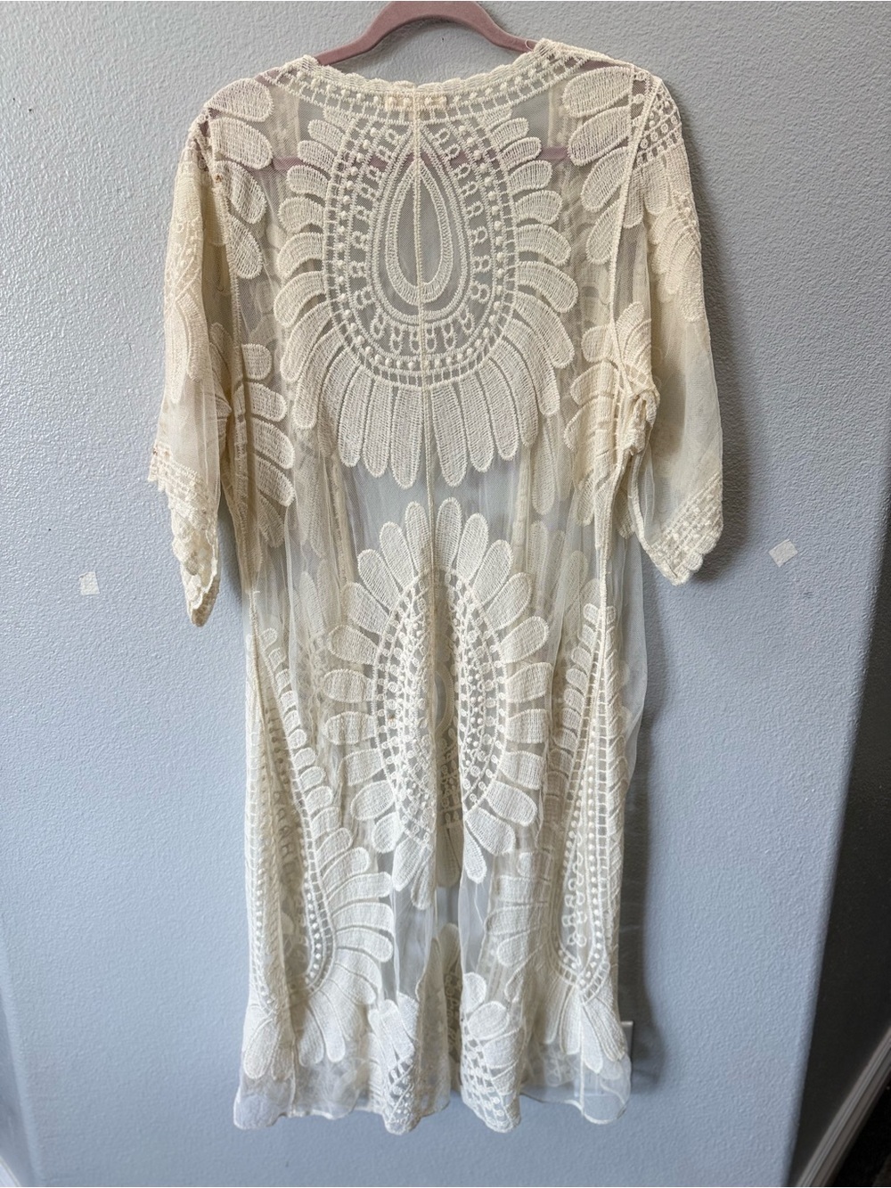 Boho Lace Mesh Kimono Cover Up One Size Ivory Crochet Embroidered Duster - Picture 3 of 3